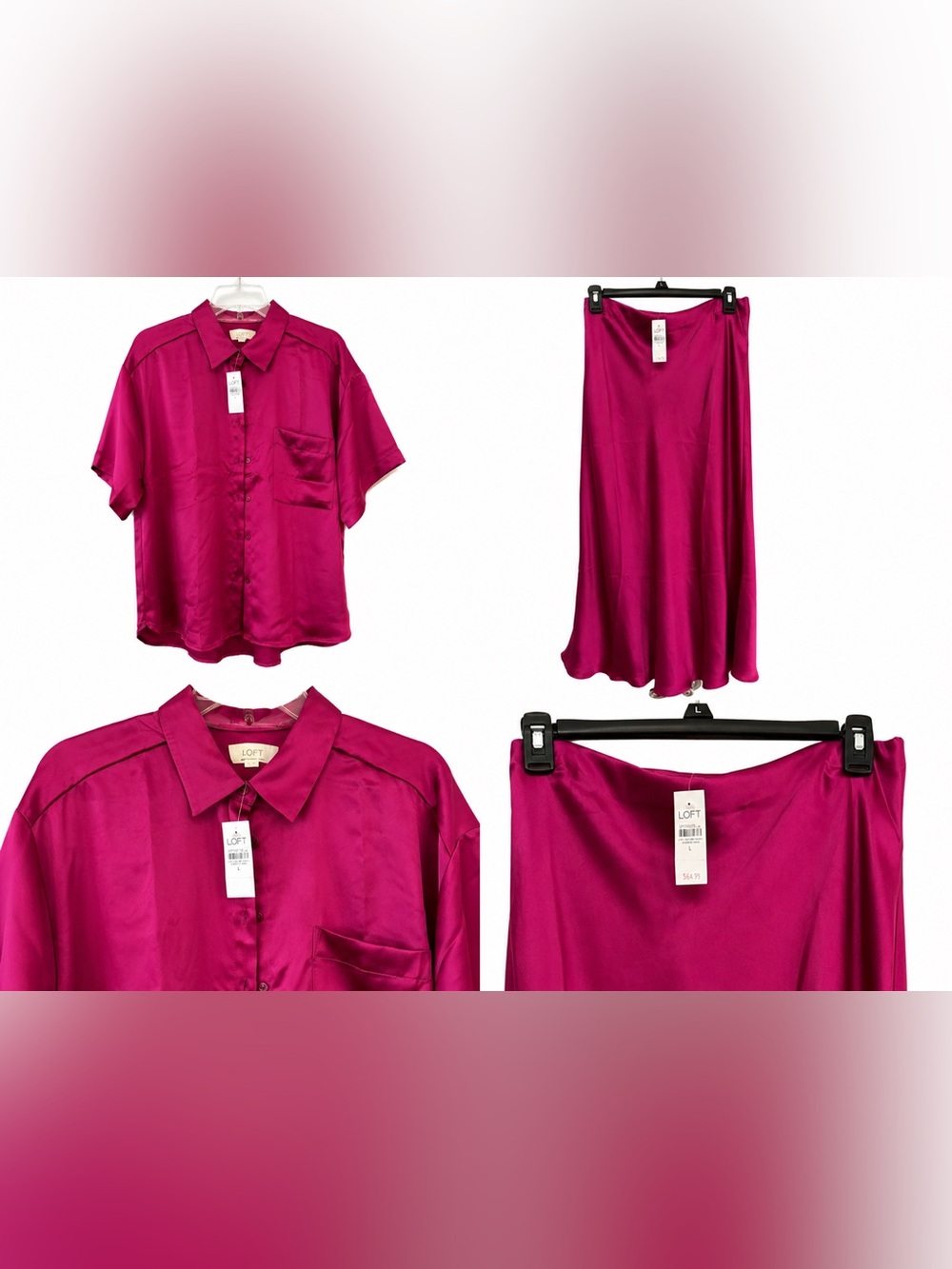LOFT Magenta Satin Button-Up Blouse and Midi Skirt Set